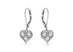 Rhodium Plated Lever Back CZ Heart Dangle Earrings