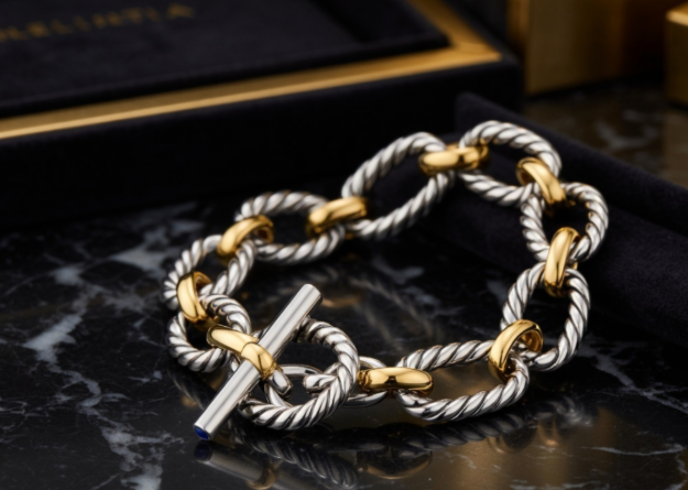 two tone plated twisted toggle link chain bracelet