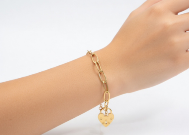 gold plated mens heart lock charm bracelet