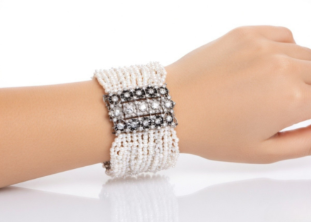 rhodium plated cz studded womens pearl bracelet