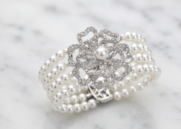 silver plated cz studded womens pearl bracelet