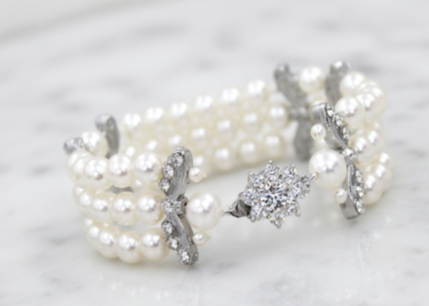 silver plated cz studded womens pearl bracelet