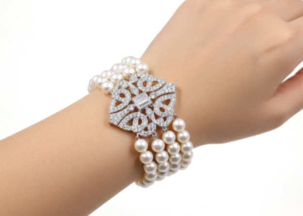 silver plated cz studded womens pearl bracelet
